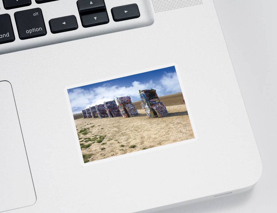 Cadillac Ranch Is A Public Art Installation And Sculpture In Amarillo Sticker featuring the photograph Cadillac Ranch by Greg Kopriva