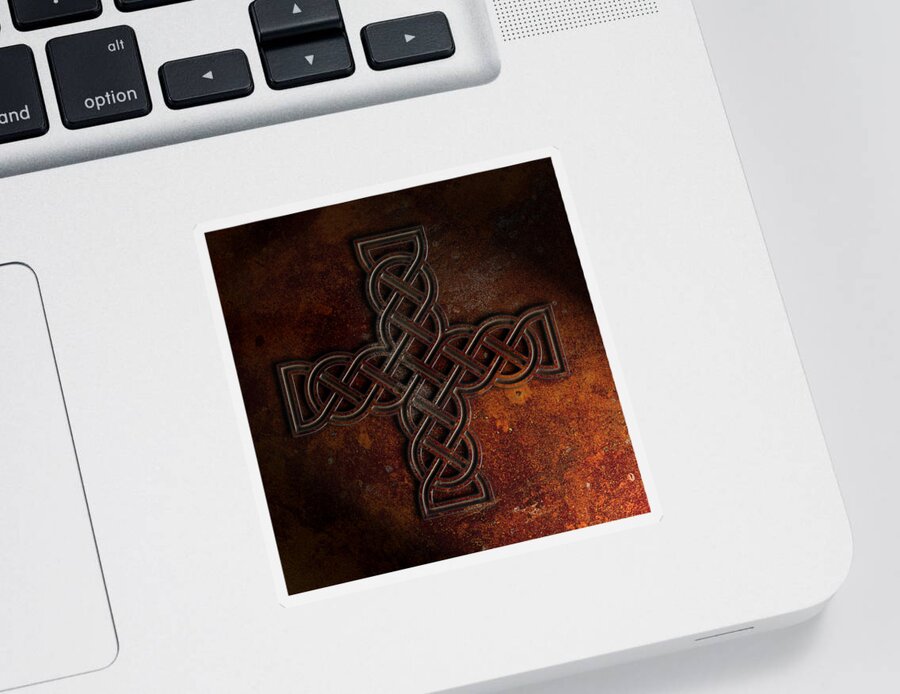 Art Sticker featuring the digital art Celtic Knotwork Cross 2 Rust Texture by Brian Carson