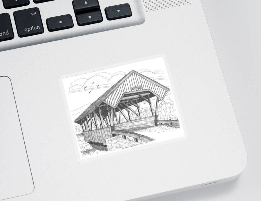 Chamberlin Covered Bridge Sticker featuring the drawing Chamberin Mill Covered Bridge by Richard Wambach