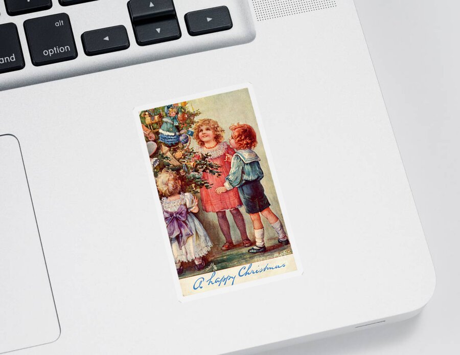 Girl Sticker featuring the photograph Children Admiring Christmas Tree by Mary Evans