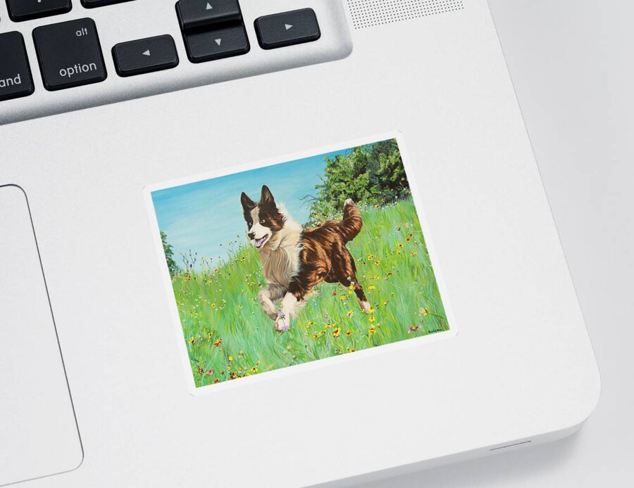 Border Collie Sticker featuring the painting Chocolate Border Collie in Meadow by Michelle Miron-Rebbe