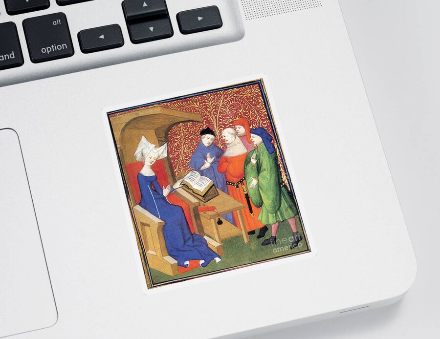 Historic Sticker featuring the photograph Christine De Pizan Lecturing To Men by Photo Researchers