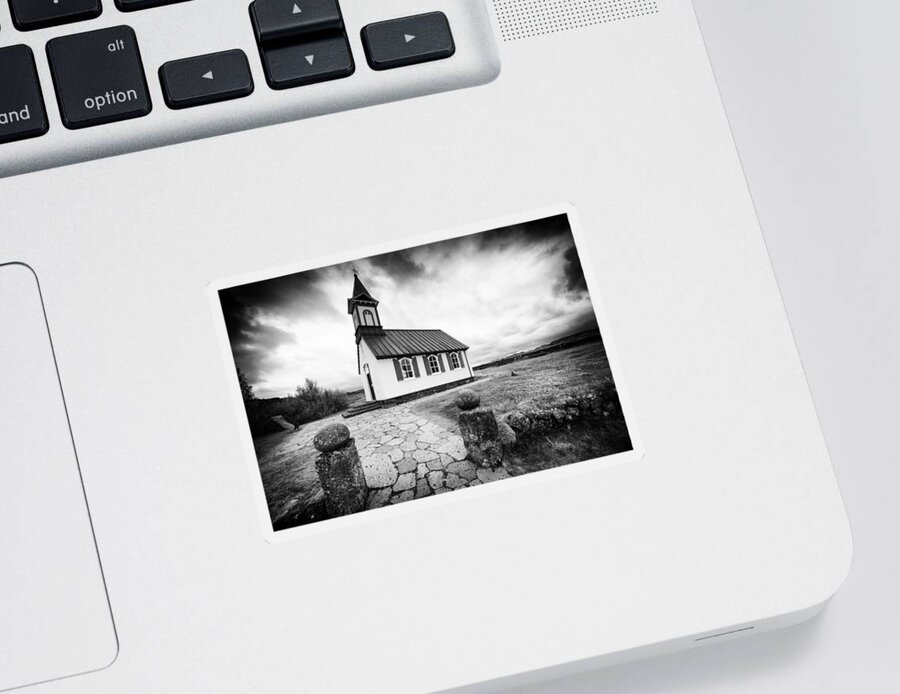 Church Sticker featuring the photograph Church Pingvallakirkja Iceland black and white by Matthias Hauser