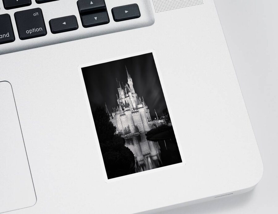 3scape Sticker featuring the photograph Cinderella's Castle Reflection Black and White by Adam Romanowicz