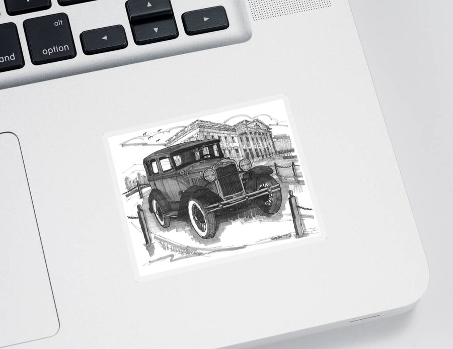 Classic Auto Sticker featuring the drawing Classic Auto with Mills Mansion by Richard Wambach