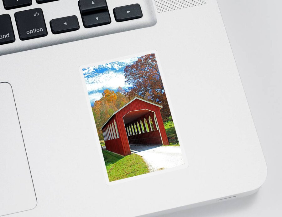 Red Covered Bridge Sticker featuring the photograph Covered Bridge by Jennifer Robin