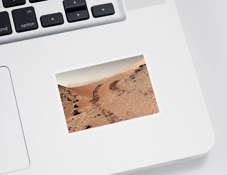 Curiosity Mars Rover Sticker featuring the photograph Curiosity tracks under the sun in mars by Weston Westmoreland
