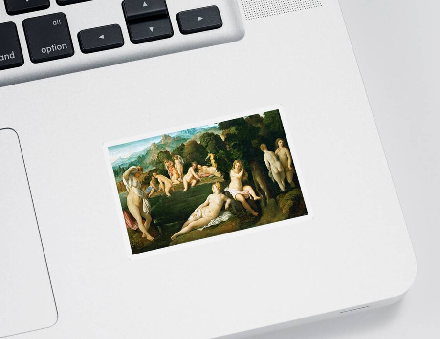 Palma Vecchio Sticker featuring the painting Diana and Callisto by Palma Vecchio