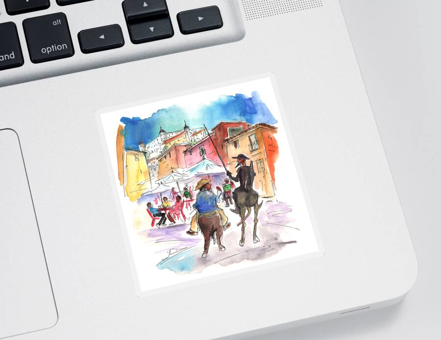 Travel Sticker featuring the painting Don Quijote and Sancho Panza Entering Toledo by Miki De Goodaboom