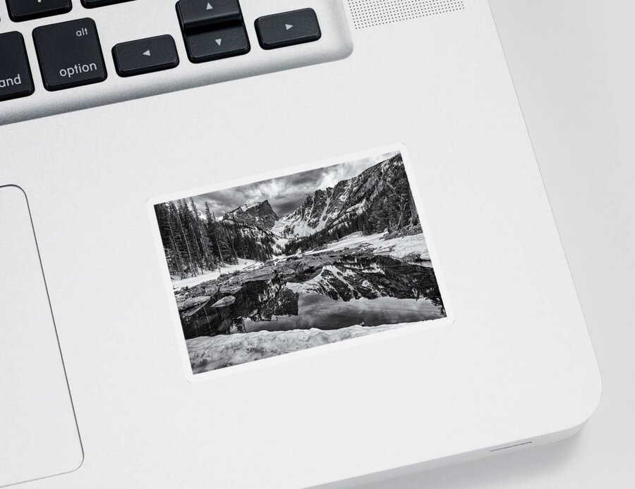 Rocky Mountain Sticker featuring the photograph Dream Lake Morning Monochrome by Darren White