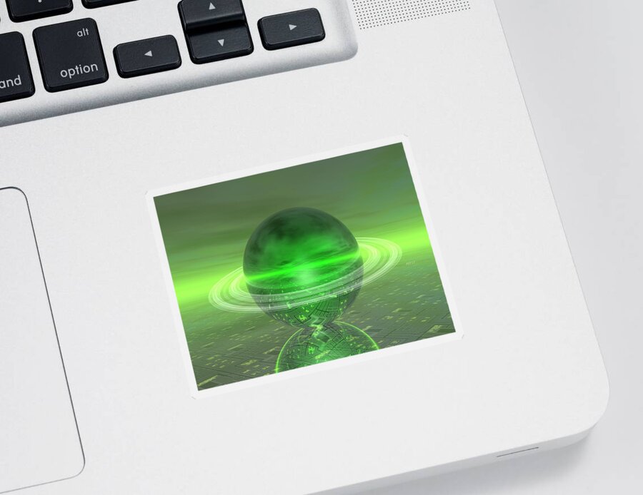 Electronic Sticker featuring the digital art Electronic Green Saturn by Phil Perkins
