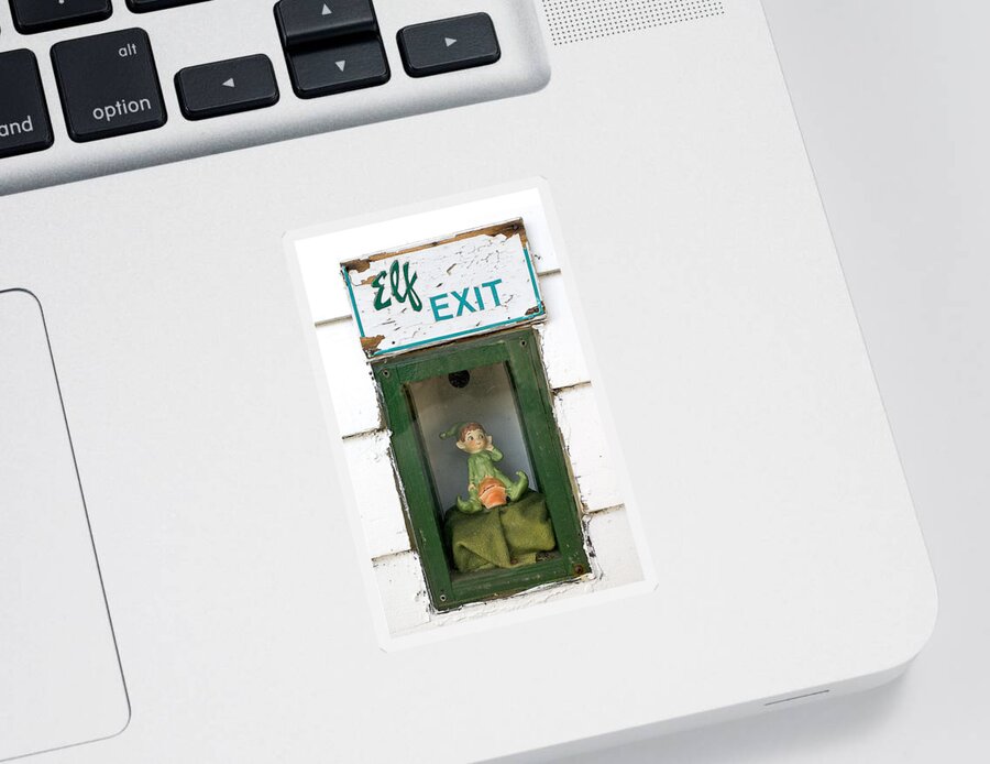 Humor Sticker featuring the photograph elf exit, Dubuque, Iowa by Steven Ralser