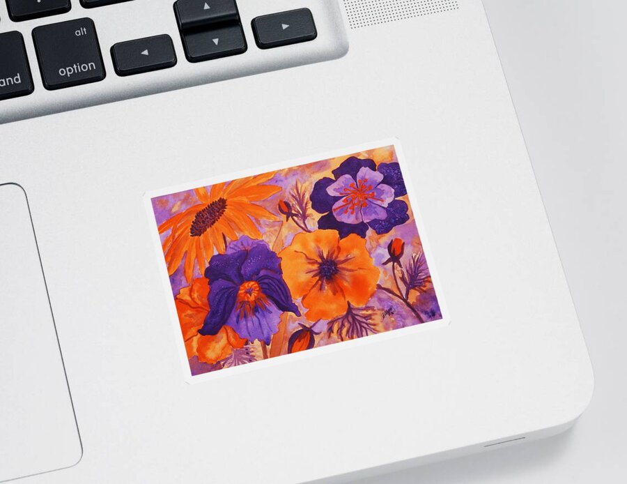 Poppy Sticker featuring the painting Floral Images in Orange and Purple by Ellen Levinson