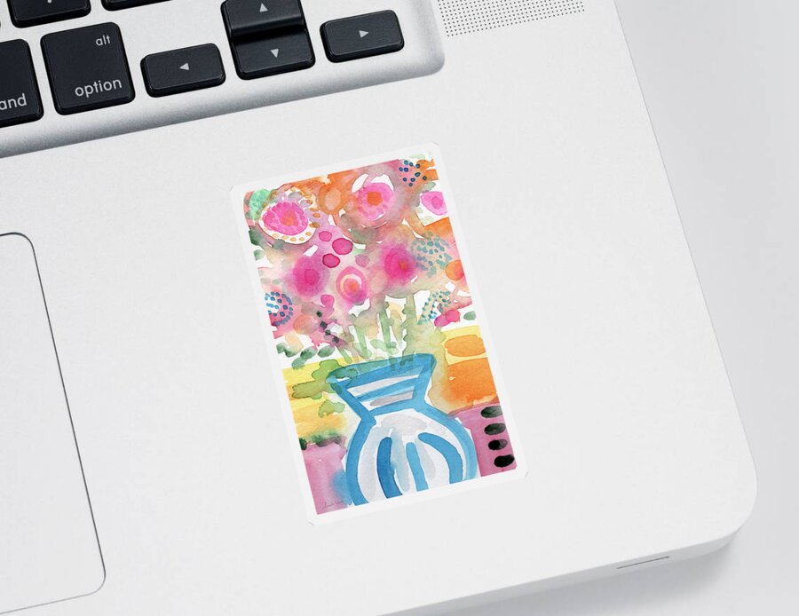 Flower Painting Sticker featuring the painting Fresh Picked Flowers in a Blue Vase- contemporary watercolor painting by Linda Woods
