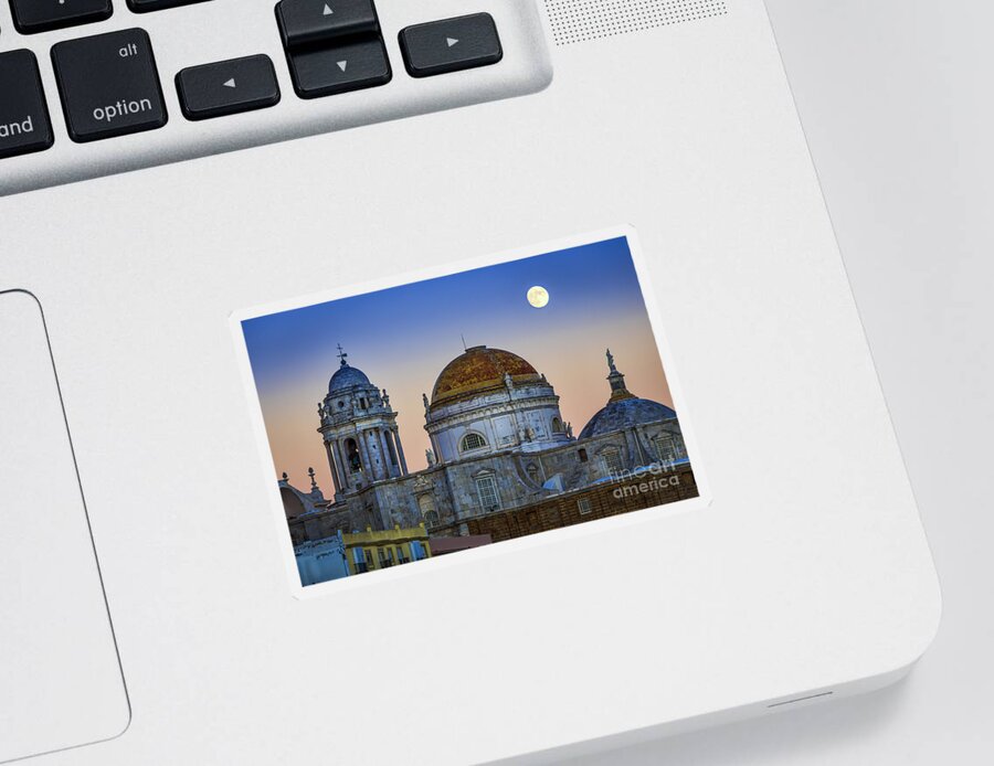 Andalucia Sticker featuring the photograph Full Moon Rising Over the Cathedral Cadiz Spain by Pablo Avanzini