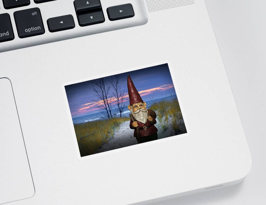 Art Sticker featuring the photograph Garden Gnome at the Beach at Sunset by Randall Nyhof