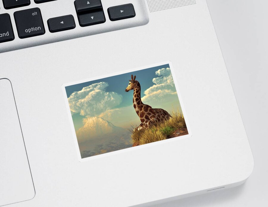 Sitting Giraffe Sticker featuring the digital art Giraffe and Distant Mountain by Daniel Eskridge