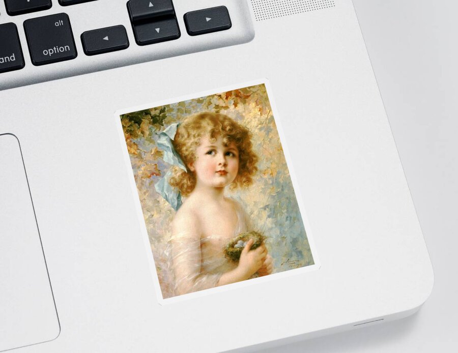 Emile Vernon Sticker featuring the digital art Girl Holding A Nest by Emile Vernon