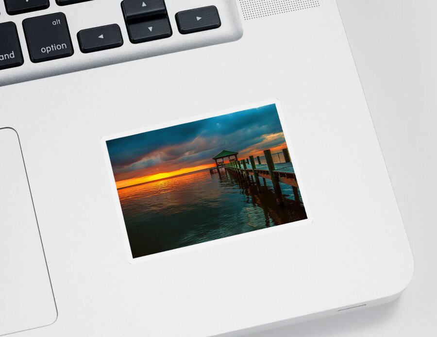 Palm Sticker featuring the digital art Green Dock and Golden Sky by Michael Thomas