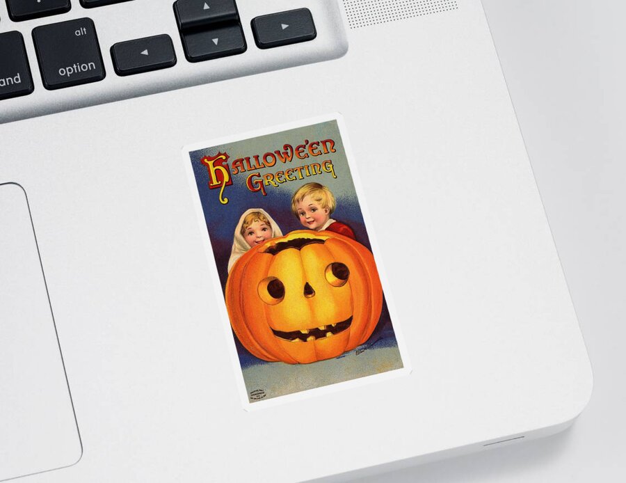Jack-o-lantern; Boy; Girl; Children; Holiday; Pumpkin; Halloween; Child Sticker featuring the painting Halloween Greeting by Ellen Hattie Clapsaddle