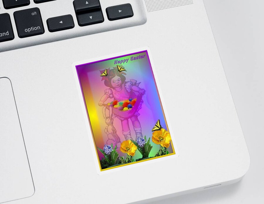 Easter Sticker featuring the photograph Happy Easter Girl Eggs Bunny and flowers and butterflies by Joyce Dickens