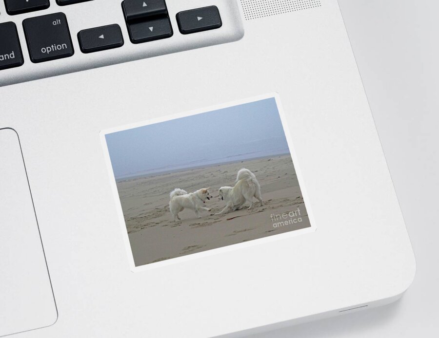 Samoyed Sticker featuring the photograph Happy Girls Beach Side by Fiona Kennard