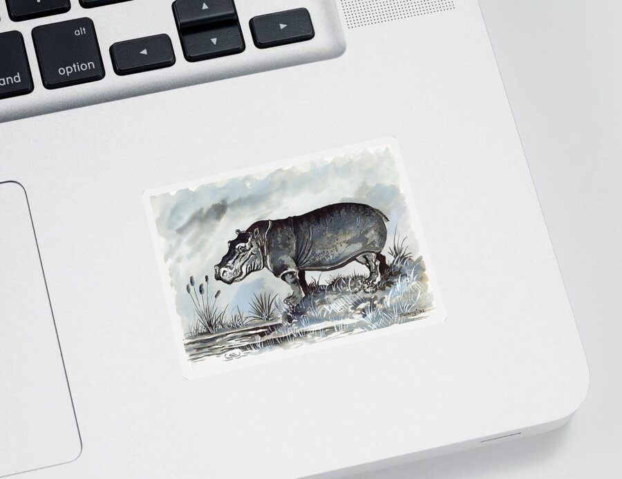 Grey Sticker featuring the drawing Hippo by Anthony Mwangi
