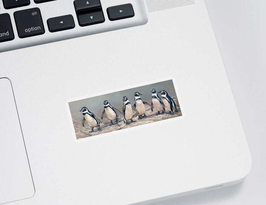 Animal Sticker featuring the photograph Humboldt Penguins Standing In A Row by Ikon Ikon Images