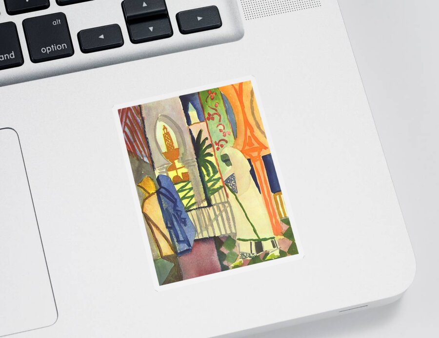 August Sticker featuring the painting In The Temple Hall by Pam Neilands