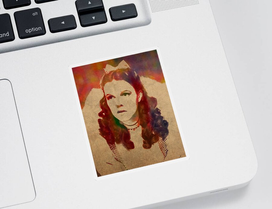 Judy Garland Sticker featuring the mixed media Judy Garland as Dorothy Gale in Wizard of Oz Watercolor Portrait on Worn Distressed Canvas by Design Turnpike