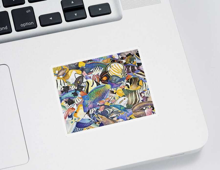 Fish Sticker featuring the painting Kona Crowd by Lucy Arnold