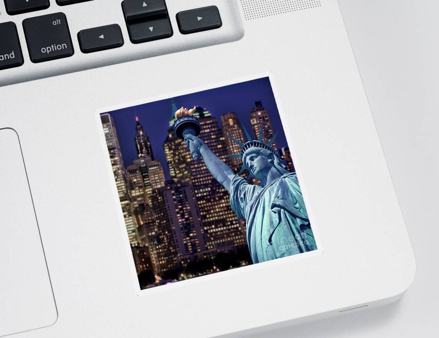 Statue Sticker featuring the photograph Statue of Liberty, New York at night by Delphimages Photo Creations