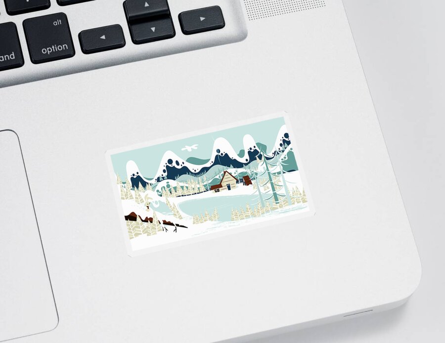 Alpine Sticker featuring the photograph Lakeside Cabin Below Mountains In Snow by Ikon Ikon Images