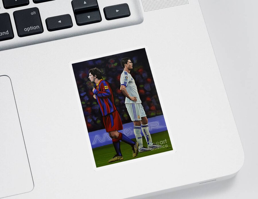 Lionel Messi Sticker featuring the painting Lionel Messi and Cristiano Ronaldo by Paul Meijering