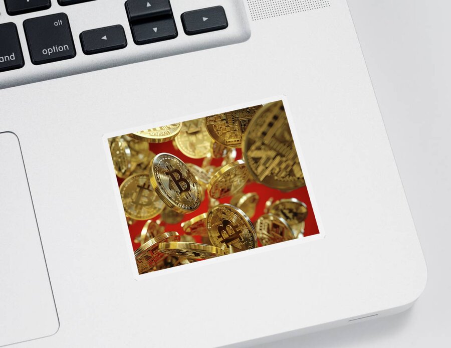 Abundance Sticker featuring the photograph Lots Of Shiny New Gold Bitcoins Falling by Ikon Ikon Images