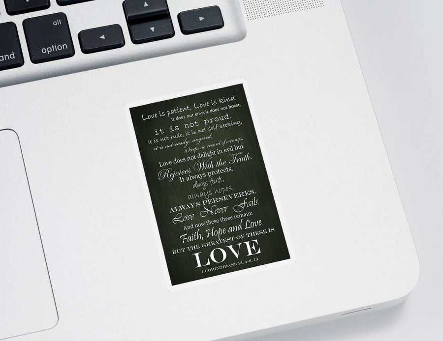 Religious Quote Sticker featuring the digital art Love is Patient Green by Inspired Arts