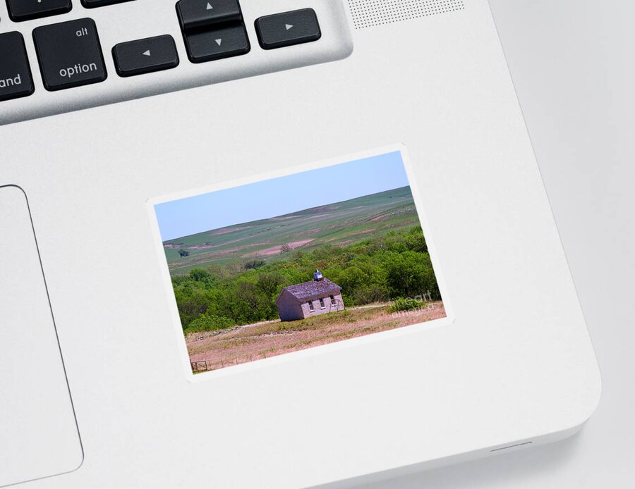 Tallgrass Prairie National Preserve Sticker featuring the photograph Lower Fox Creek Schoolhouse in the Flint Hills of Kansas by Catherine Sherman