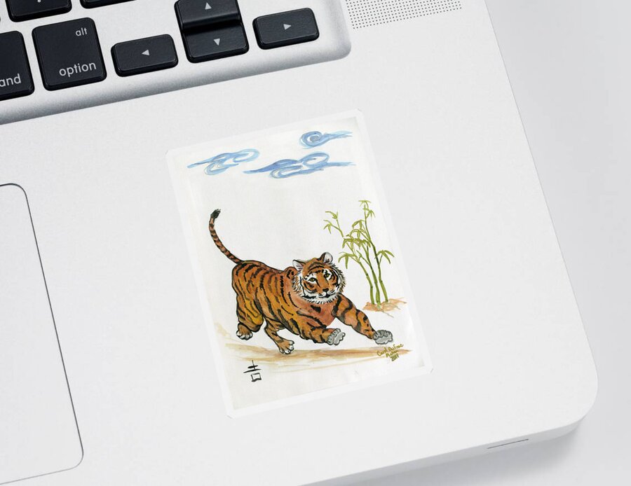 Tiger Sticker featuring the painting Lucky Tiger by Carol Oufnac Mahan