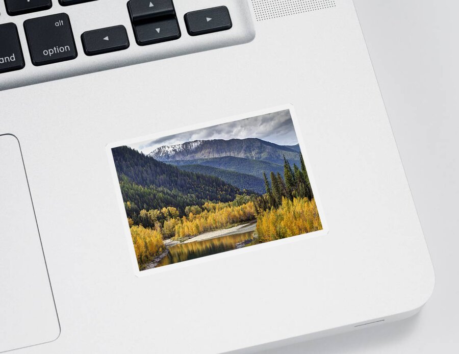 Autumn; Fall; Middle Fork Flathead River; Montana; Mountains; Nature; October; Outdoors; Reflection; River; Water; Yellow; Color; Flathead River; Landscape; Photo; Beautiful; Mark Kiver; Yellow; Sky. Forest; Trees; Aspen; Snow; Clouds Sticker featuring the photograph Middle Fork Brillance by Mark Kiver