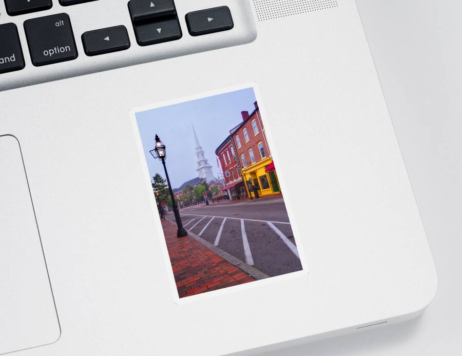 New Hampshire Sticker featuring the photograph Misty Morning In Market Square by Jeff Sinon