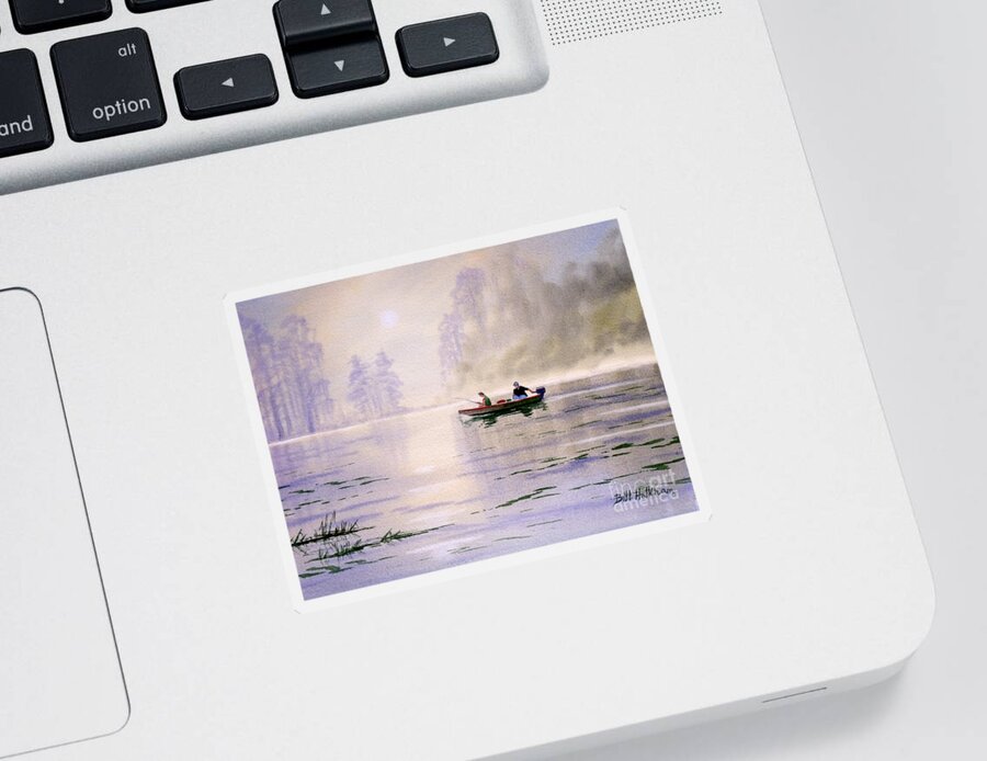 Banks Lake Sticker featuring the painting Misty Sunrise On The Lake by Bill Holkham