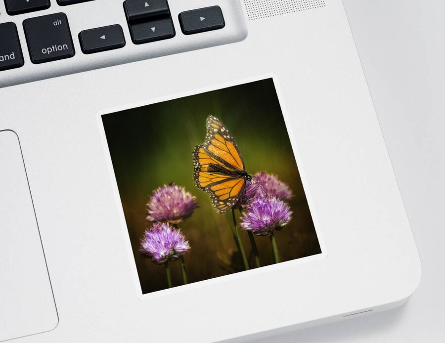 Nature Sticker featuring the photograph Monarch on Moody Chives by Bill and Linda Tiepelman