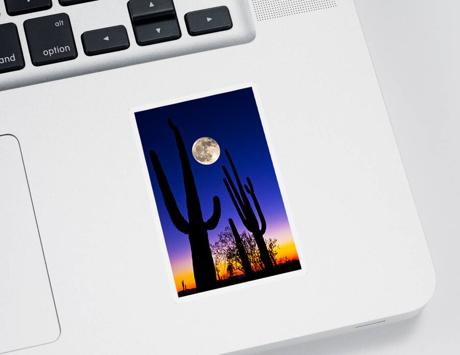 Photography Sticker featuring the photograph Moon Over Saguaro Cactus Carnegiea by Panoramic Images