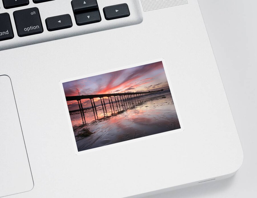 Landscape Sticker featuring the photograph OB Pier Reflection Sunset by Scott Cunningham