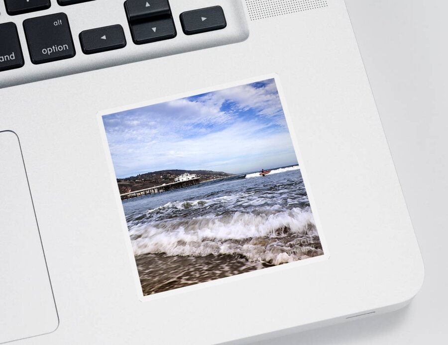 Malibu Beach Pier Photographs Sticker featuring the photograph Ocean Waves Blue Sky And A Surfer At Malibu Beach Pier by Jerry Cowart