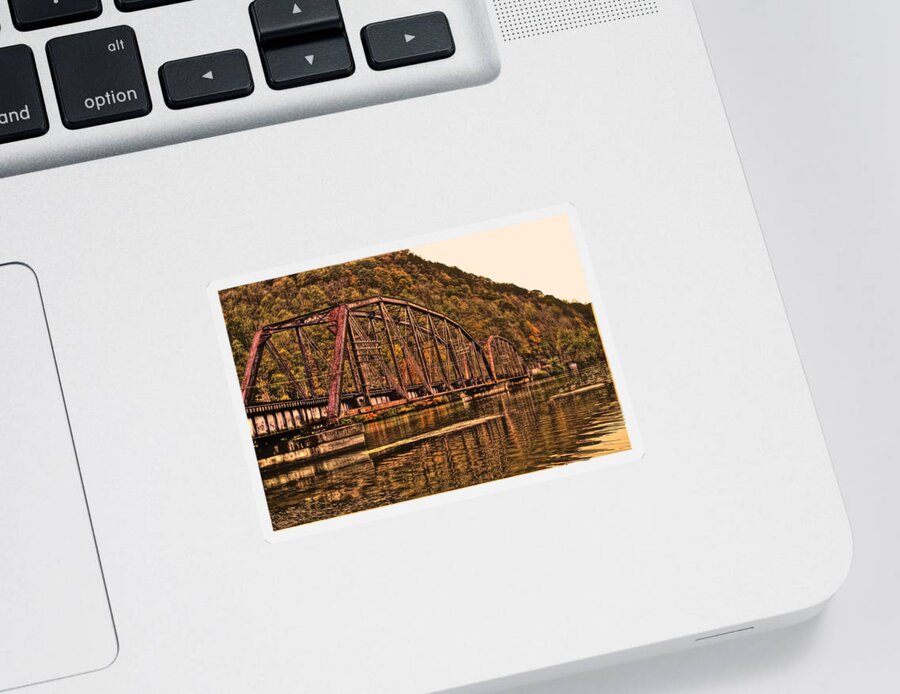 River Sticker featuring the photograph Old Railroad Bridge with Sepia Tones by Jonny D