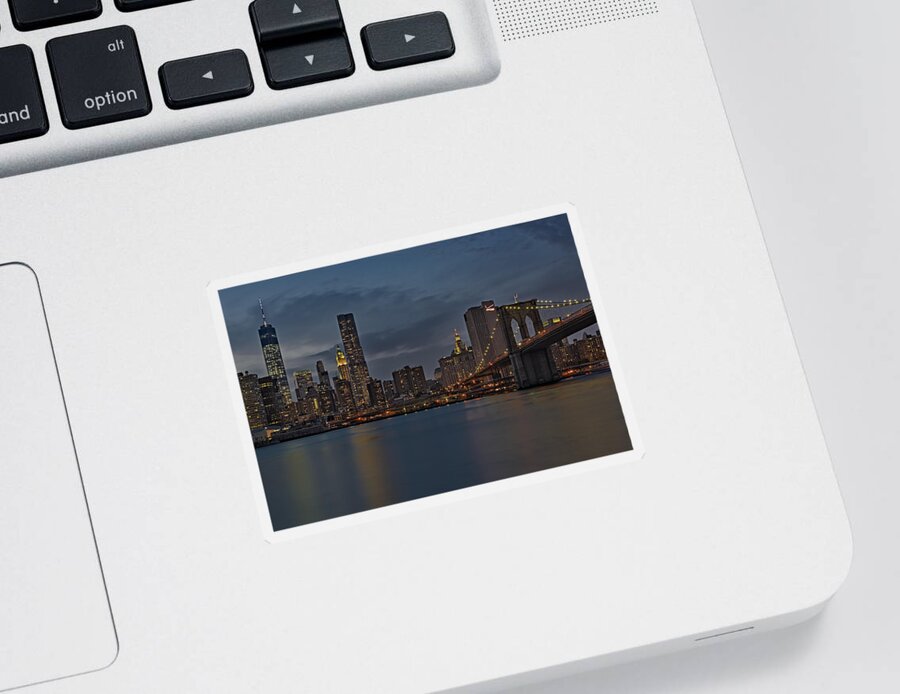 Brooklyn Bridge Sticker featuring the photograph One World Trade Center And The Brooklyn Bridge by Susan Candelario