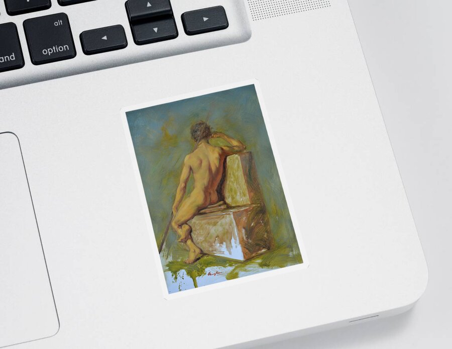 Original Sticker featuring the painting Original man oil painting gay body art-young male nude sitting on chair by Hongtao Huang