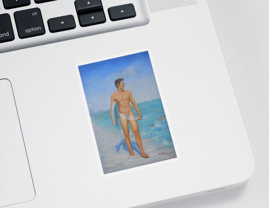 Original Sticker featuring the painting Original Oil Painting Man Body Art-male Nude On Seaside #16-2-1-03 by Hongtao Huang