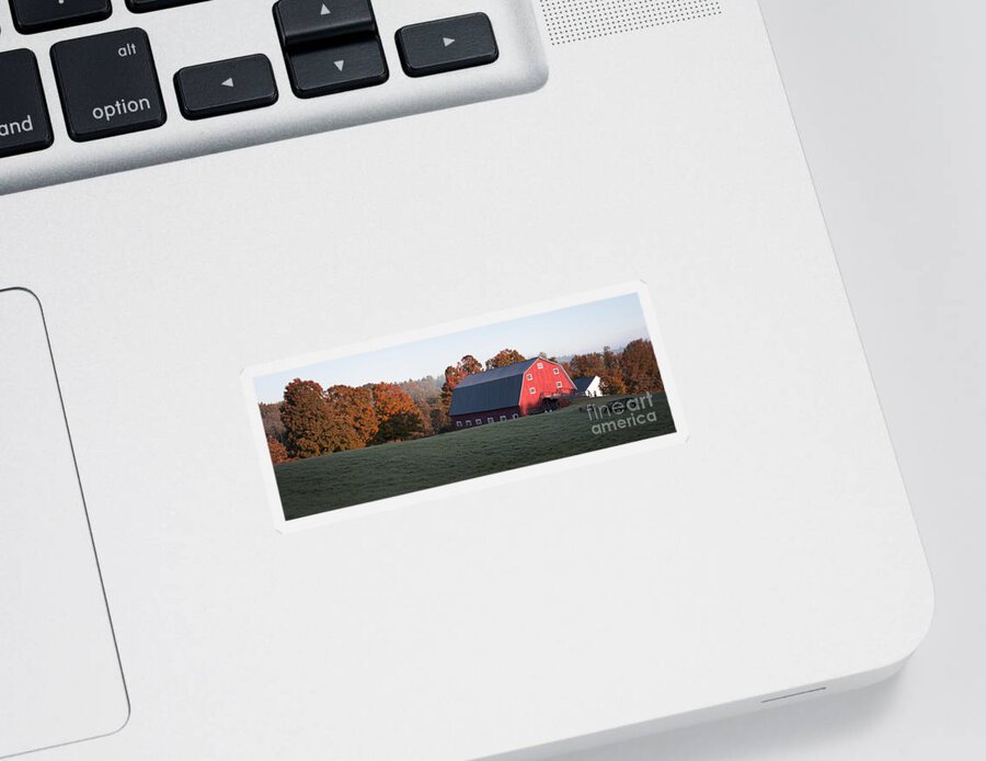 Foliage Sticker featuring the photograph Panoramic view of a red barn at sunrise by Edward Fielding